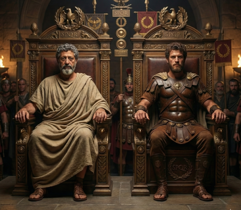Marcus Aurelius - Der Herrschaftsantritt und das Experiment der Doppelherrschaft (161 n. Chr.) Zwei Herren in prunkvollen Thronsesseln, umgeben von Soldaten in antiken Gewändern.
