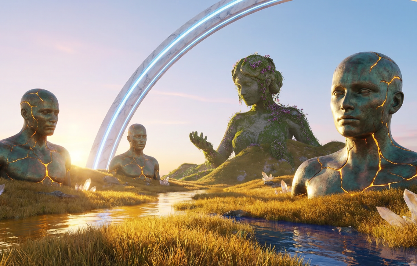 Gigantische, bewachsene Statuen in einer surrealen Landschaft mit Regenbogen.