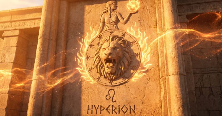 In astrology, the archaic blazereflects Hyperion as the Solar Archetype of Pure Observation and the manifestation of the Higher Astral Light (Akasha). His energy is the Conscious Observer, whose unwavering vigilance "collapses the wave function," manifesting reality. Observation is creation. Relief von Hyperion mit Löwenkopf und Flammensymbol über antikem Hintergrund.