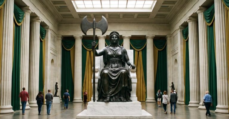 In mythology, Themis represents Divine Law, sacred customs, and the invisible structure that sustains the universe. Her antiquity calls to mind a decisive truth: order precedes power. Through her union with Zeus, she gives birth to the Horae and the Moirai—that is, the personifications of the consciousnesses that regulate cyclical time, measure, and destiny. Schwarze Statue einer sitzenden Frau mit Äxten in einem großen, eleganten Raum.