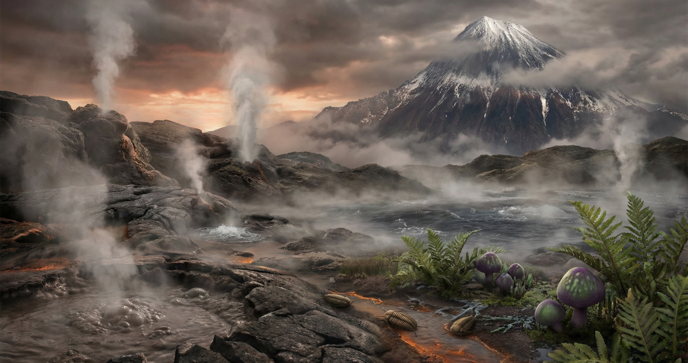Vulkanlandschaft mit dampfenden Quellen und rauchenden Hängen, dramatischer Himmel.
