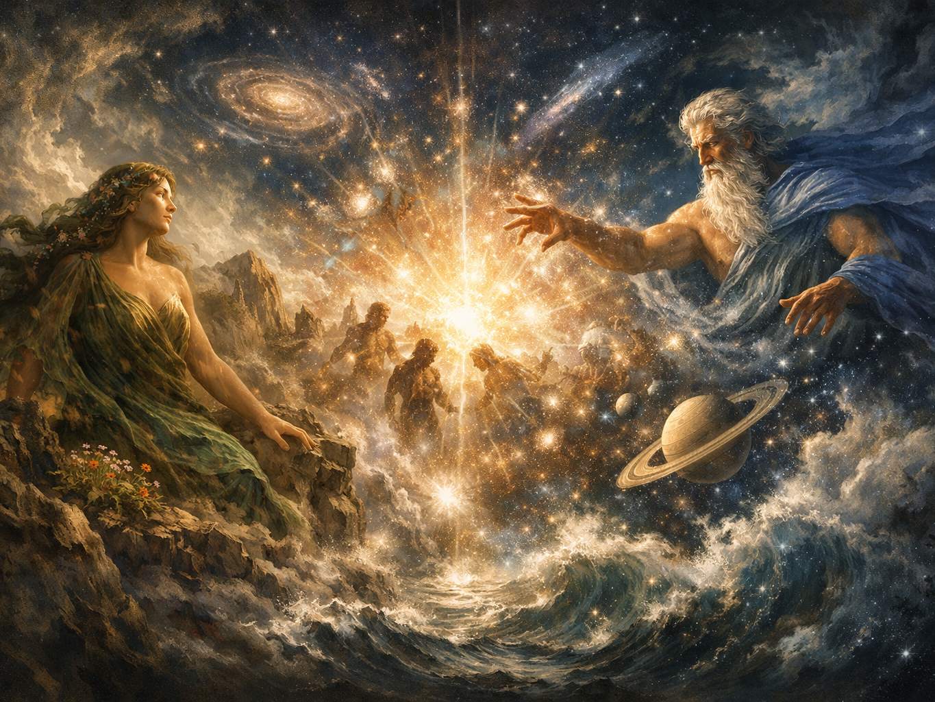 Hesiod's influence extends from mythology and Pre-Socratic philosophy to classical culture, making him a key figure for understanding Archaic Greek thought. Götter schaffen das Universum, umgeben von Galaxien und fantastischen Wesen.
