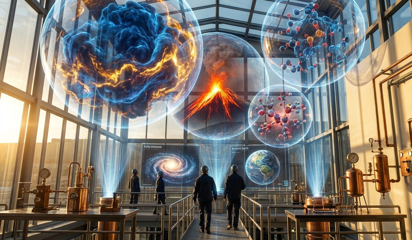 Futuristische Szenerie mit schwebenden wissenschaftlichen Darstellungen in einem Gewächshaus.