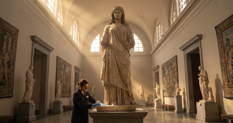 Intuition stems from understanding the universal law of cause and effect: every thought, word, or action eventually returns to the sender. Eine Statue einer stehenden Frau in einem museumähnlichen Raum mit Kunstwerken.