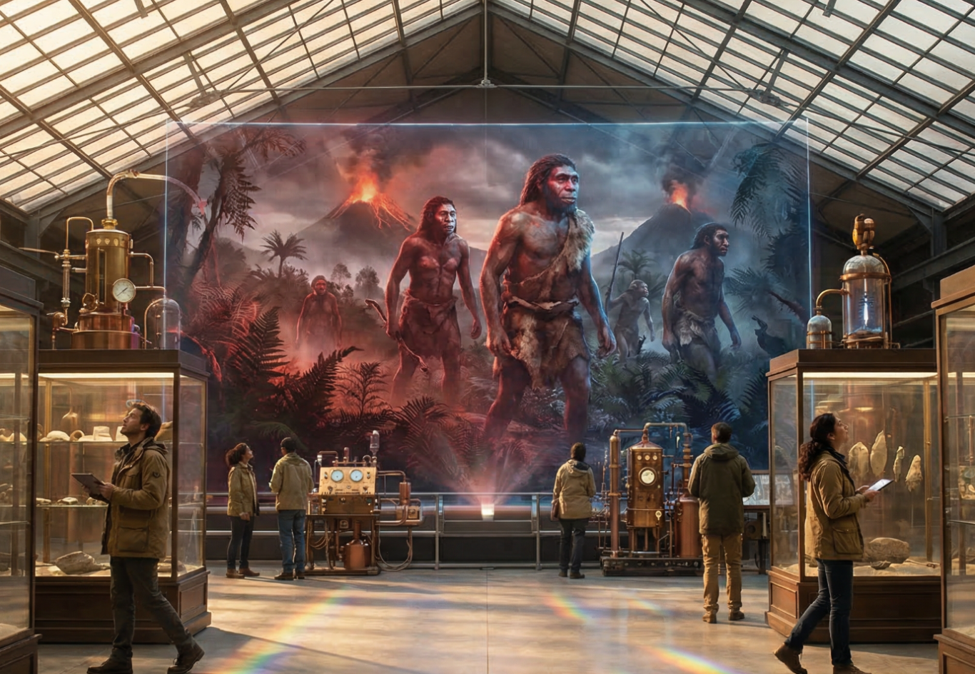 Menschen in einem Ausstellungsraum betrachten große Illustrationen von Vulkanen und Figuren.