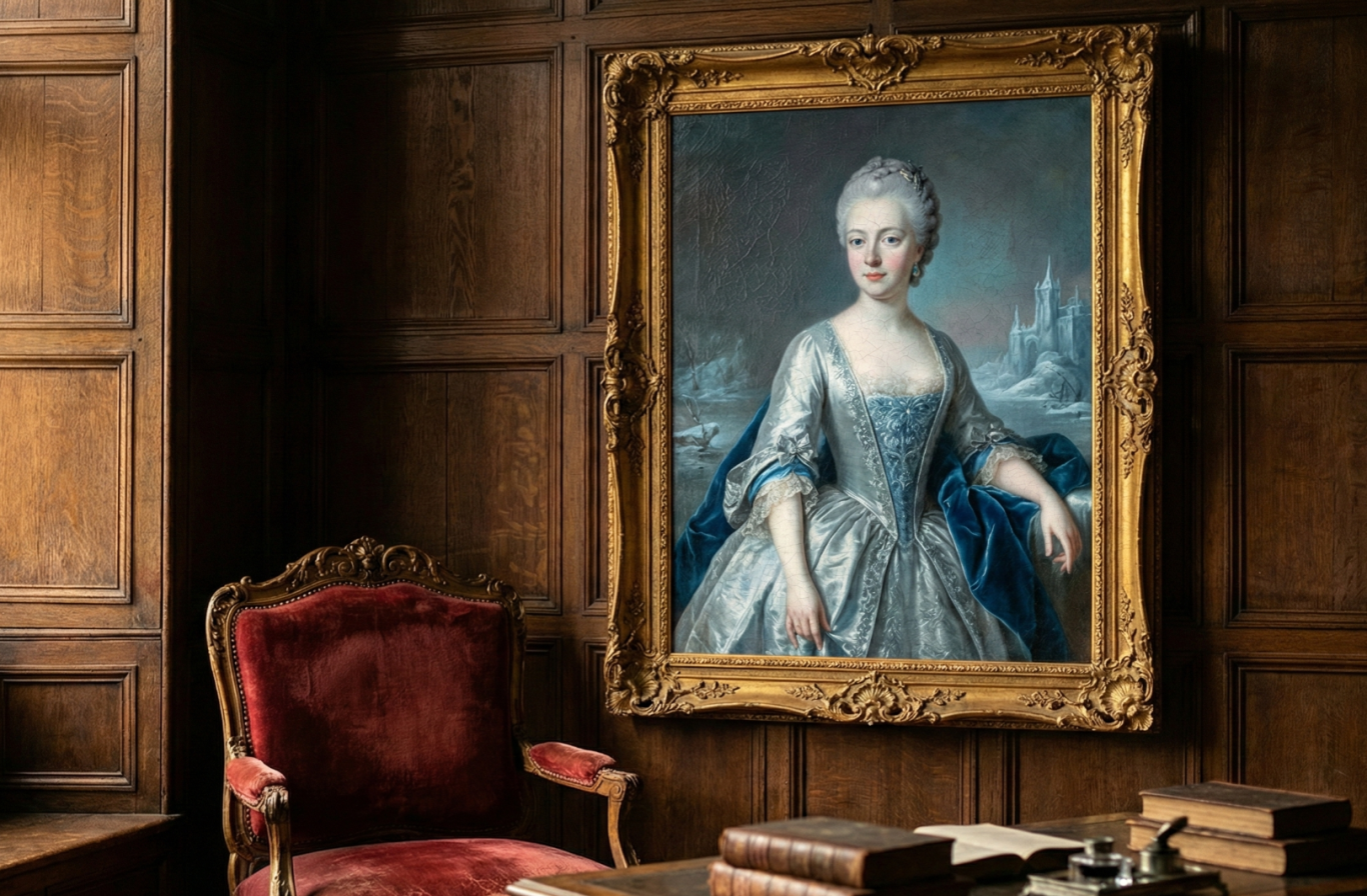 Porträt einer jungen Frau in eleganter, silberner Kleidung vor einem holzvertäfelten Raum.