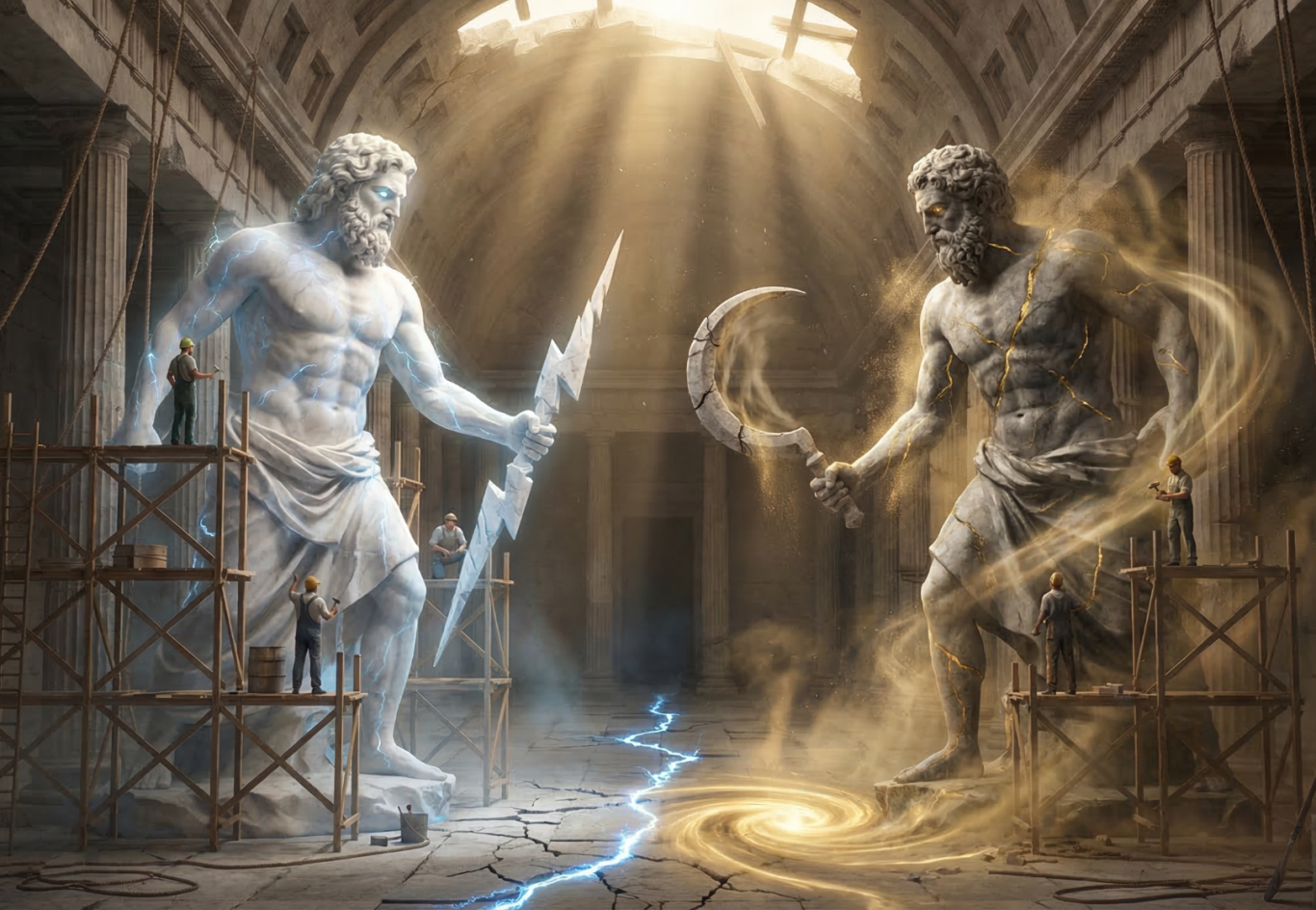 Marmorstatue eines majestätischen Mannes in einem lichtdurchfluteten Innenraum.