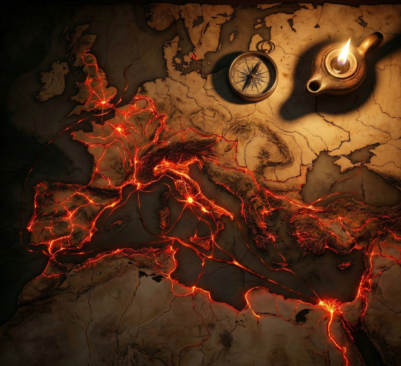 Karte von Europa mit leuchtenden Routen, einer Kompassnadel und einer Öllampe.
