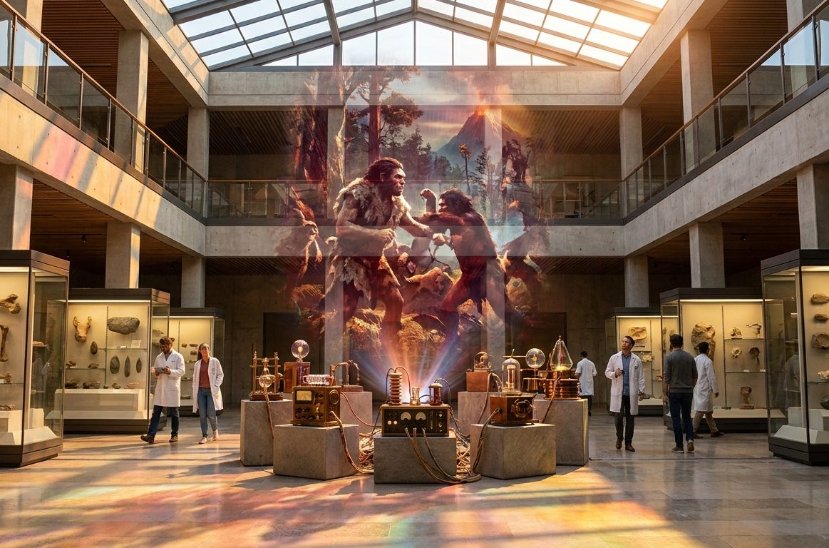 Moderne Ausstellung mit historischen Artefakten und Besuchern in einem hellen Raum.