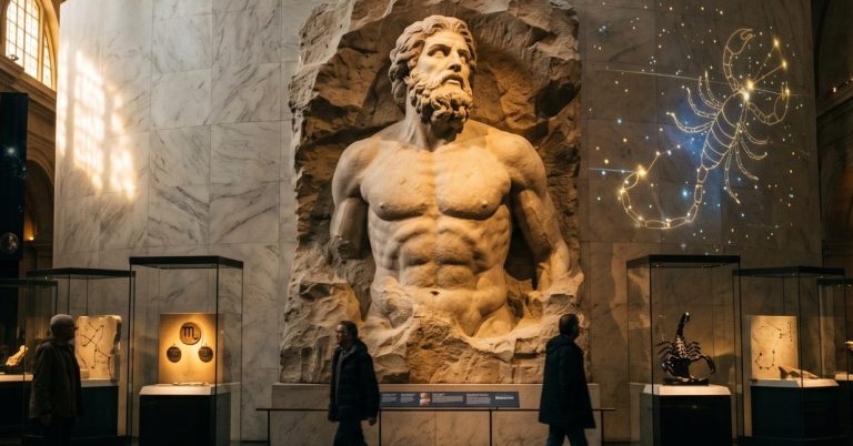 Through Iapetus, mortality enters human existence. In him, suffering becomes not an accident, but a force that deepens consciousness, tempers courage, and begins to shape the hero. Monumentale Statue eines muskulösen Mannes in einem Museum. Beleuchtung und Ausstellungsstücke sichtbar.
