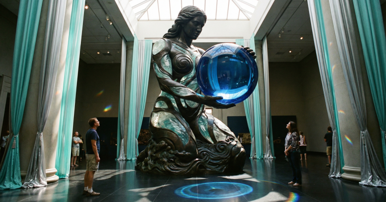 Große Statue einer sitzenden Figur, die eine transparente Kugel hält, in einem hellen Raum.