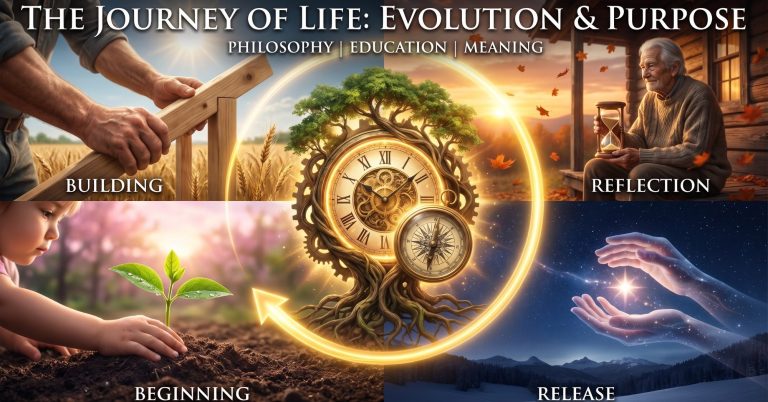Life, death, and rebirth are not isolated events, but the continuous inhalation and exhalation of a living universe. Every existence is a note in an infinite symphony, where the end of one form is merely the necessary prelude to a higher manifestation. We die to what we were in order to flourish into what we are destined to be—integrating each experience into the eternal matrix of being. Hände bei der Arbeit an einem Holzrahmen, Symbole für Wachstum, Weisheit und Verbindung.