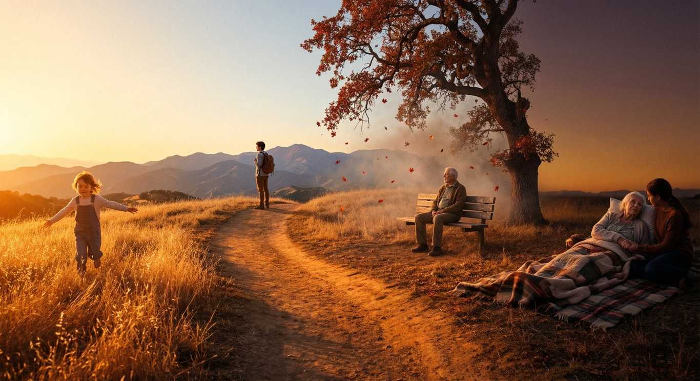 Sonnenuntergang über einer Landschaft mit Menschen und einem Baum, der Besinnlichkeit ausstrahlt.